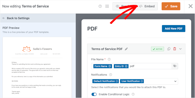 Embed button in WPForms