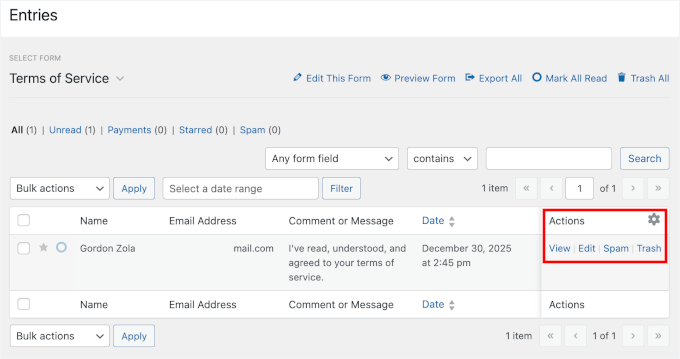 Viewing form entry in WPForms