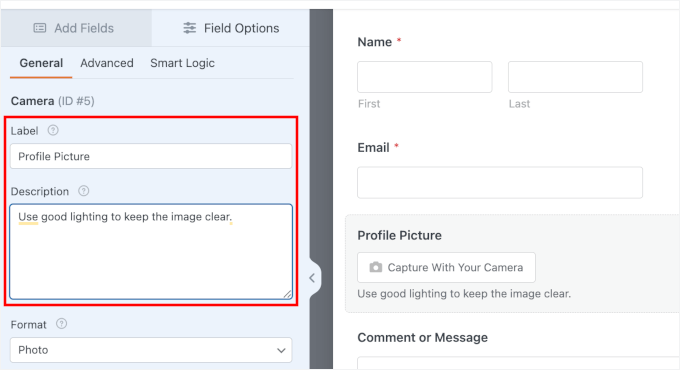 Adjusting the Camera field's label and description
