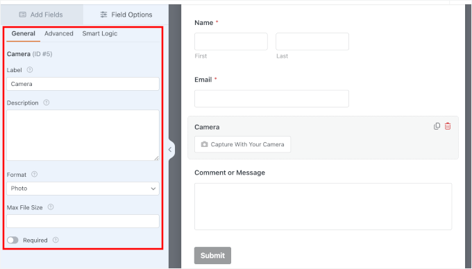 The Camera field options