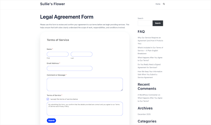 The WPForms on a live WordPress site