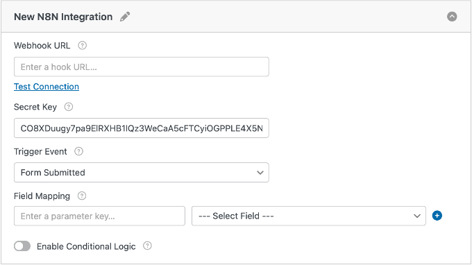n8n Integration Settings in WPForms