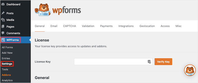 How to add a license key to the premium version of WPForms