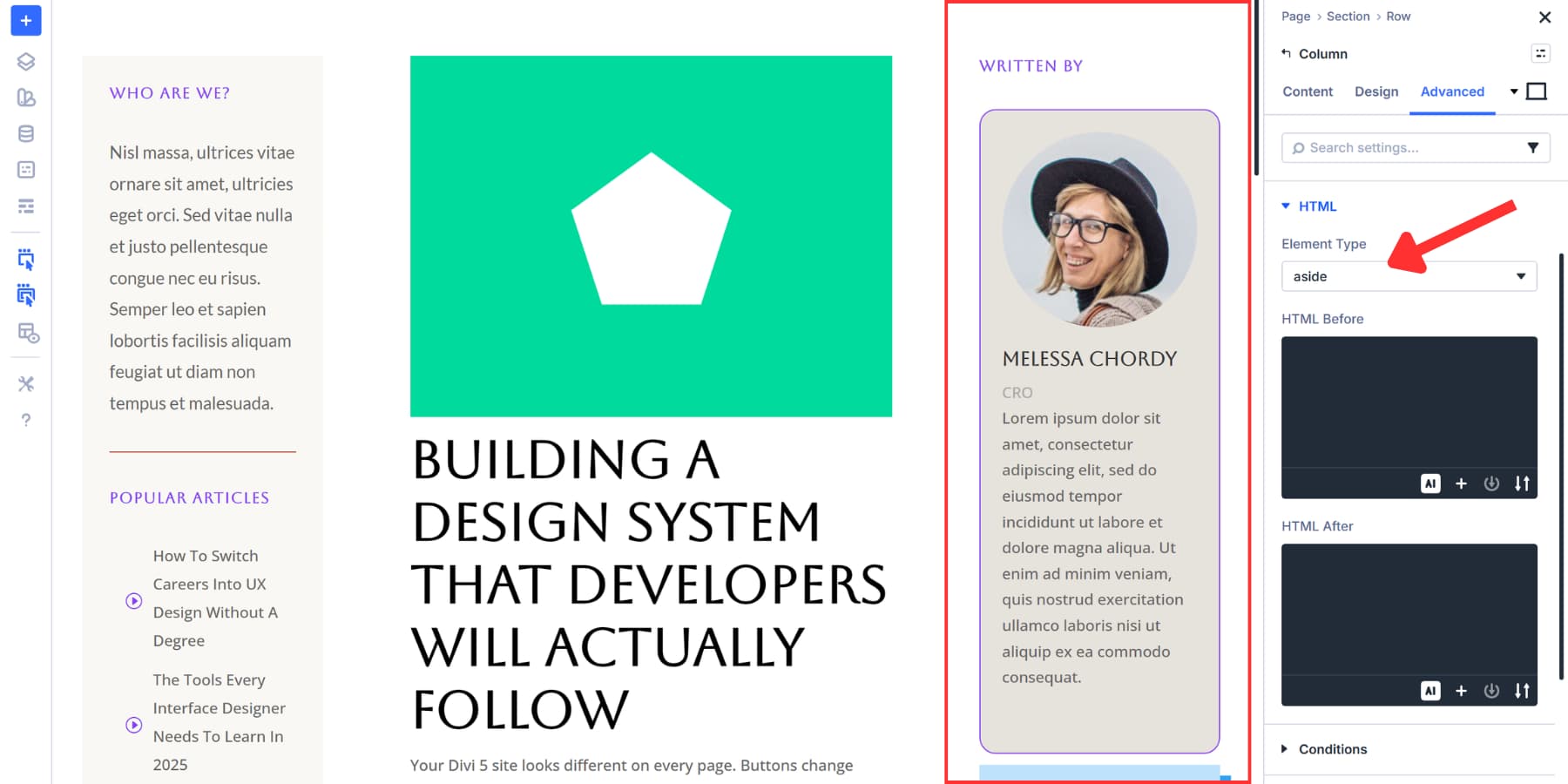 A screenshot of applying aside HTML element type to the right sidebar in Divi 5