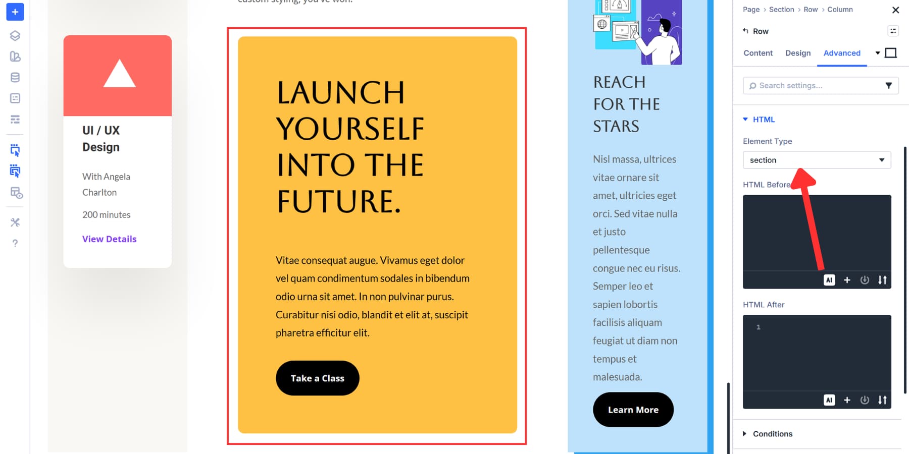 A screenshot of applying section HTML element type to a call to action in Divi 5