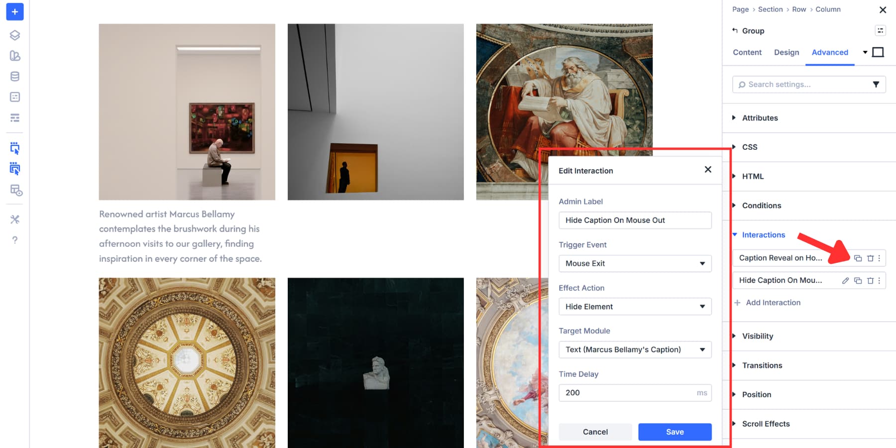 A screenshot of duplicating an interaction and what settings to use for hiding caption in Divi 5