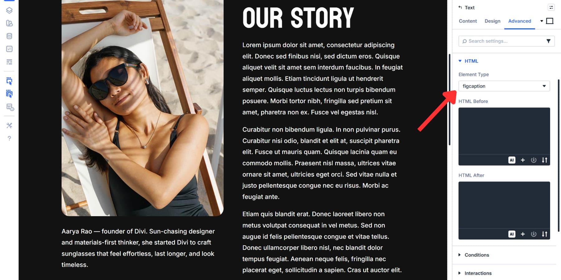 A screenshot of setting a text module as figcaption for an image in Divi 5