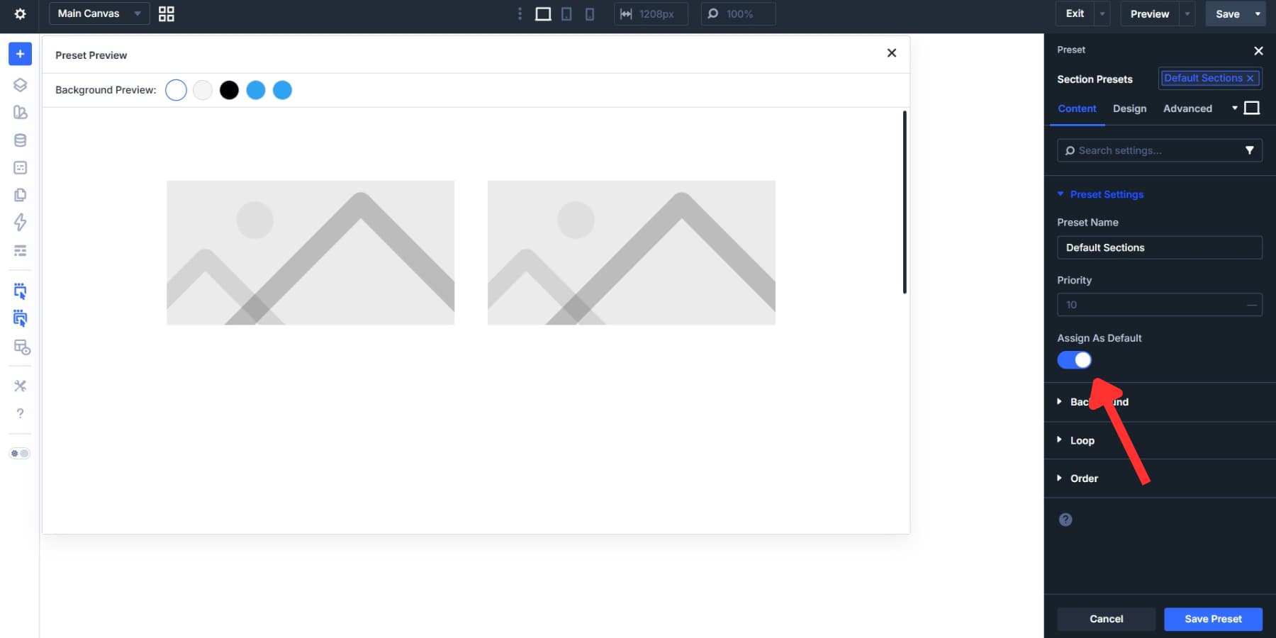 A screenshot of the a preset as default for a section element in Divi 5