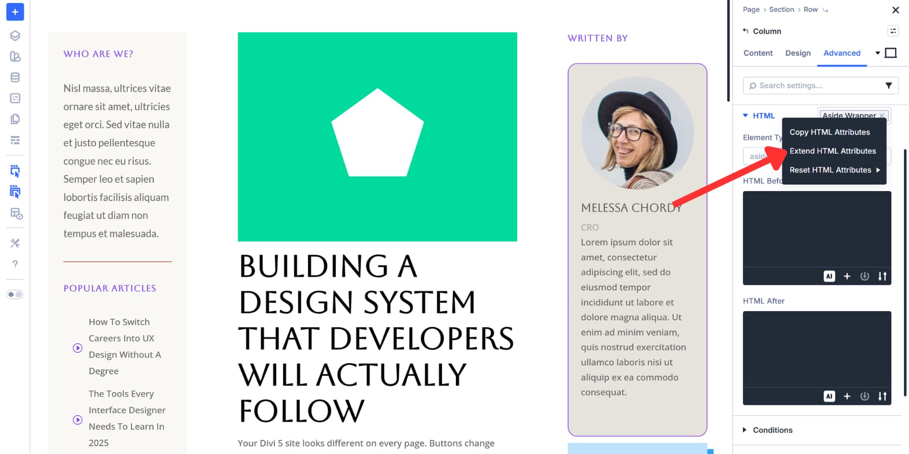 A screenshot of where to find the extend HTML attributes option after right clicking on the option group