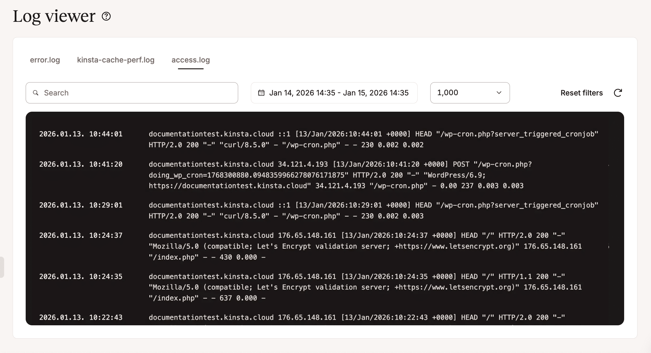 Access log in MyKinsta