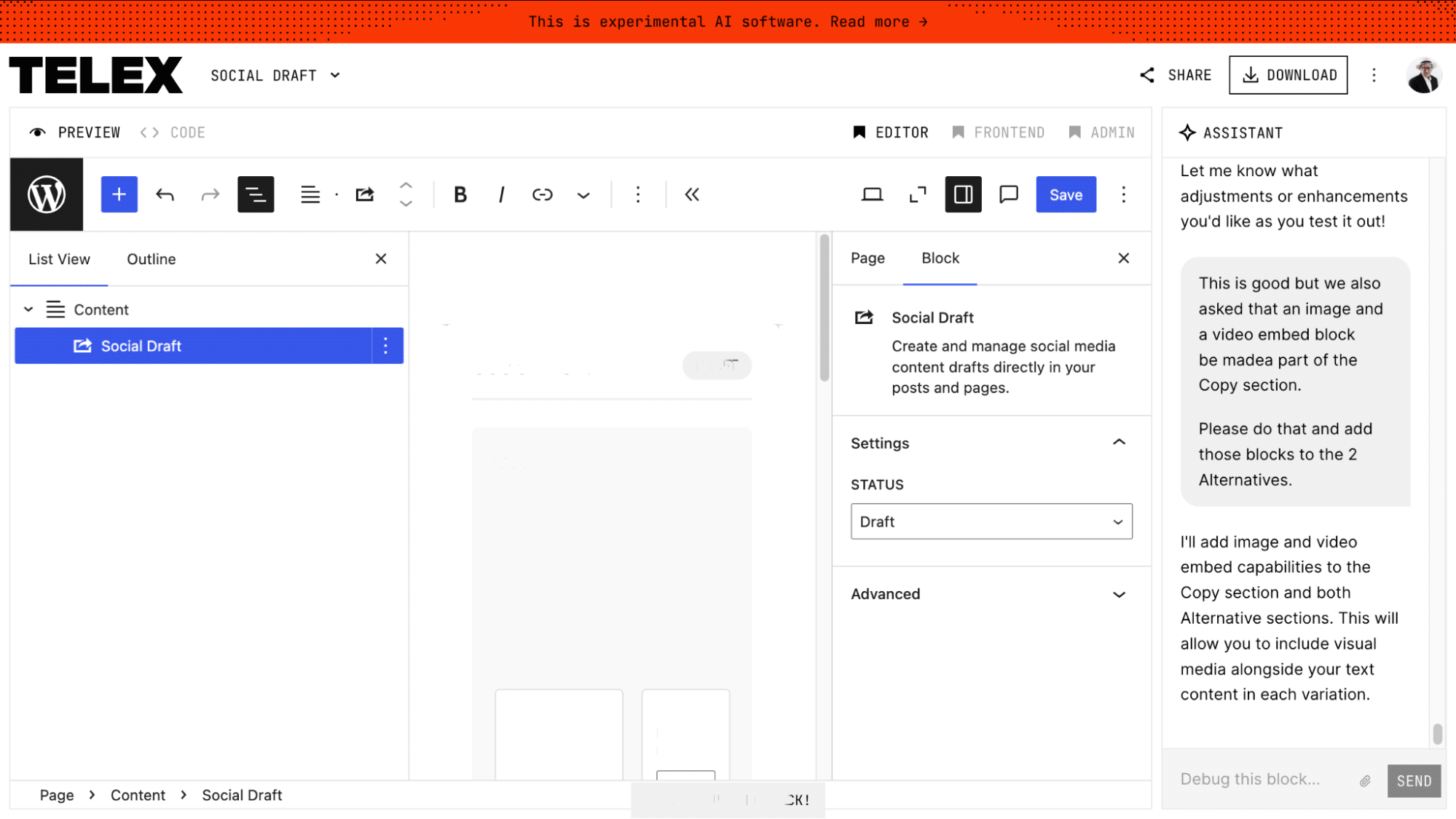 Block UI showing a missing content area in the interface.
