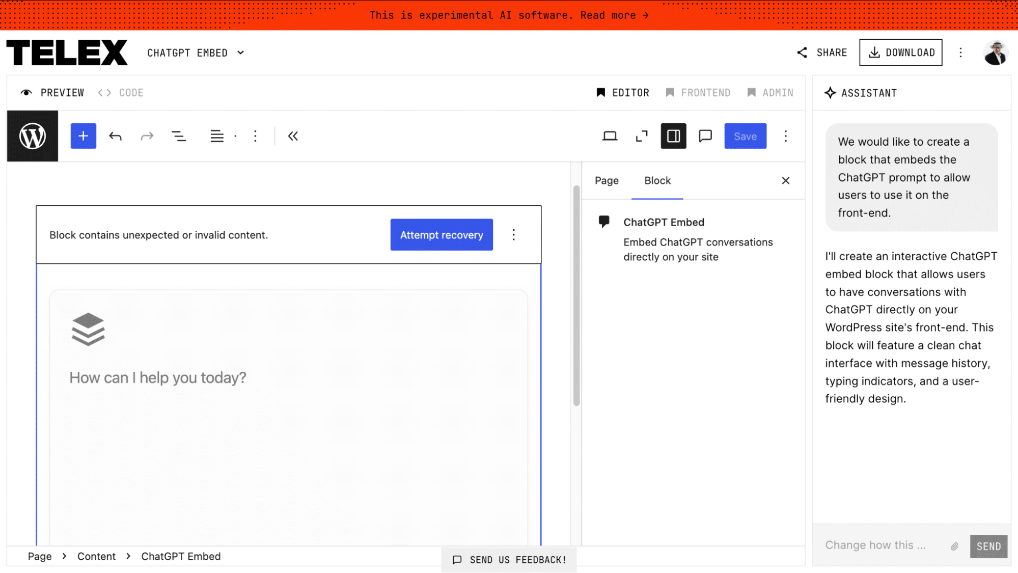 Block displaying an error message during workflow execution.