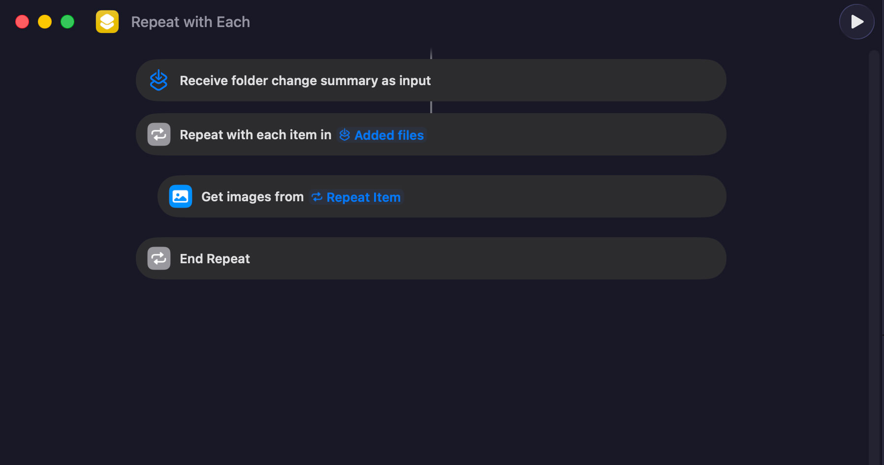 Mac Shortcuts workflow with Get Images and Repeat actions