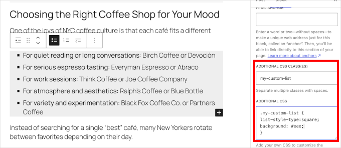 Block level custom CSS