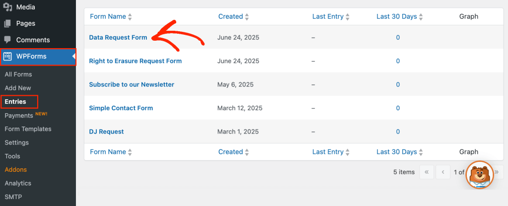 Viewing data access requests in the WordPress dashboard