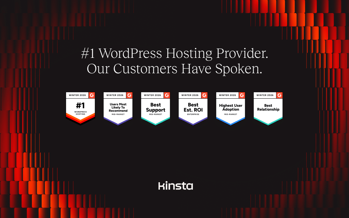 Kinsta's G2 recognition badges.