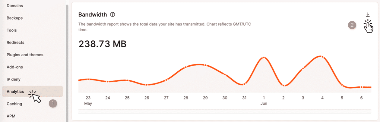 Kinsta Analytics dashboard showing website performance metrics.