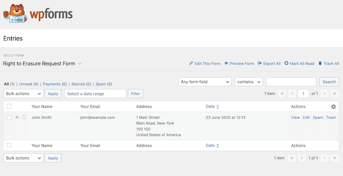 Complying with data access requests using WPForms
