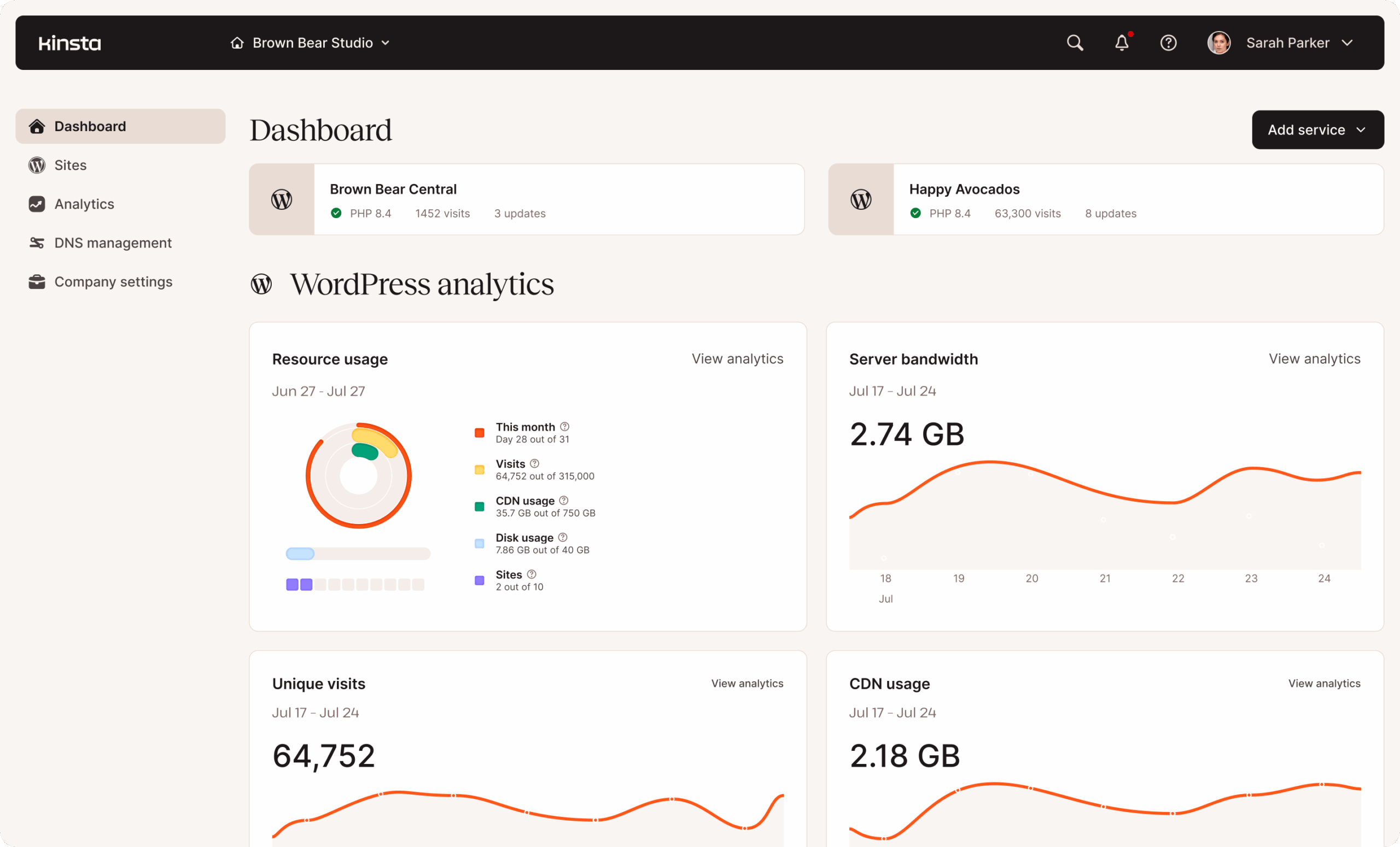 A screenshot of the MyKinsta user interface, showing some of the analytics charts and links to websites within the account.