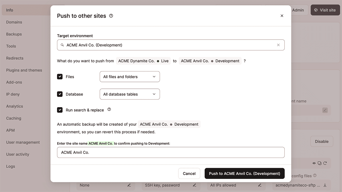Pushing a WordPress environment live with Kinsta.