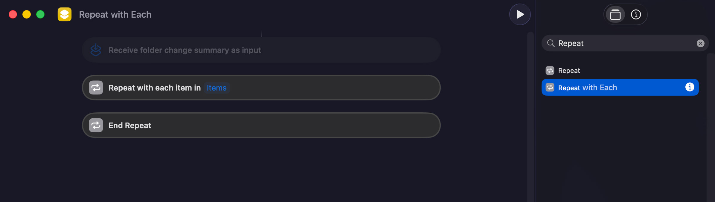 Adding Repeat with Each action in Mac Shortcuts