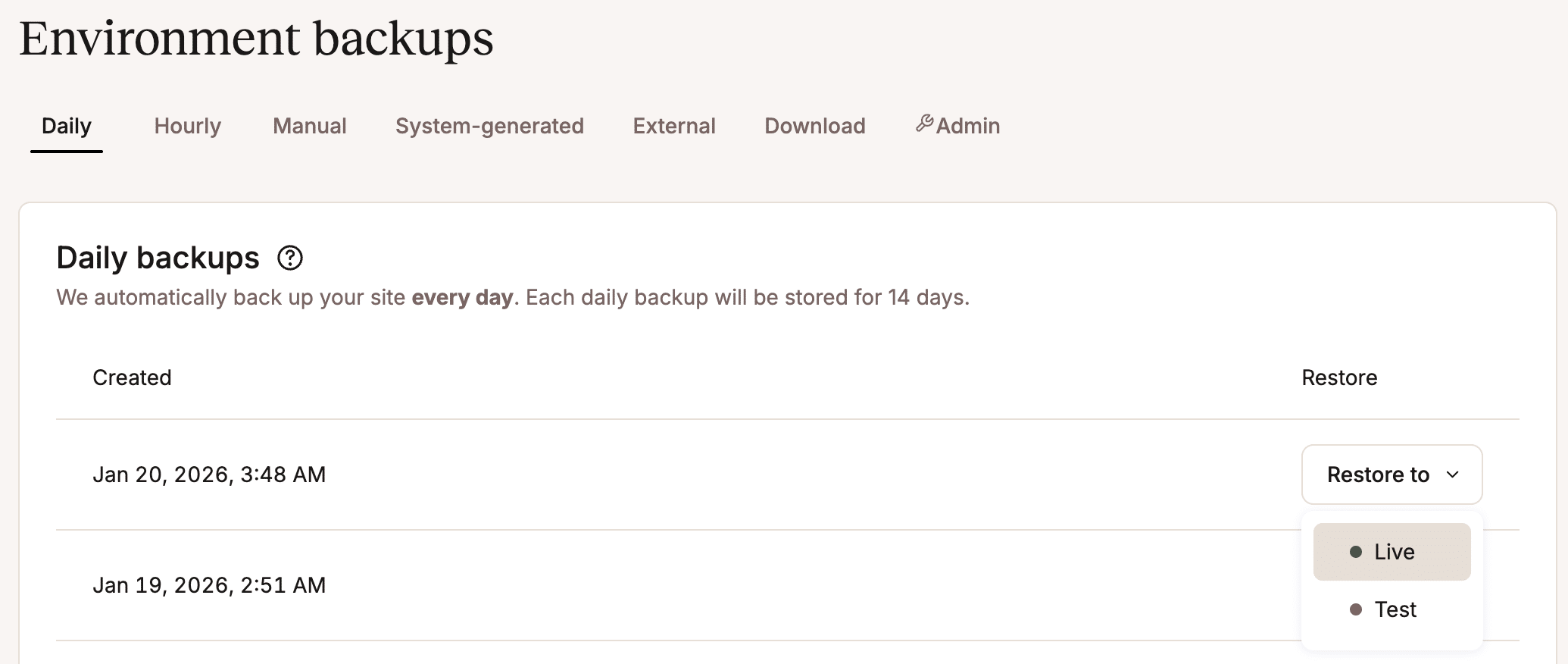 Restore a backup in MyKinsta