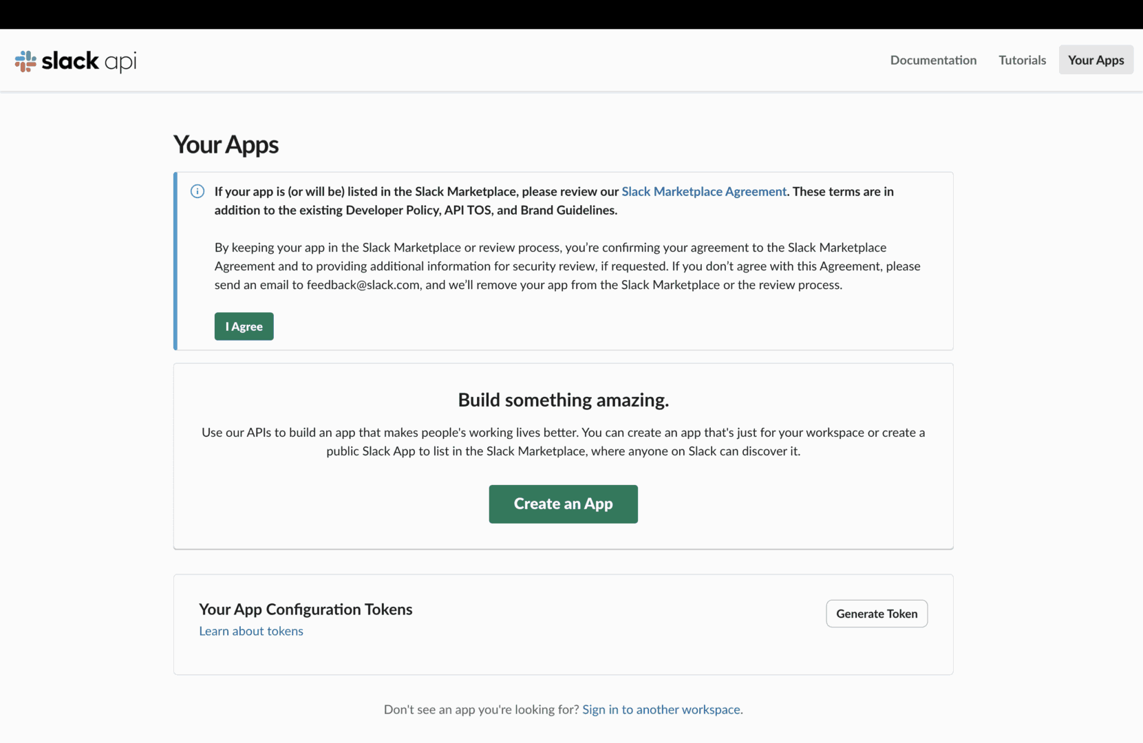 Slack API dashboard