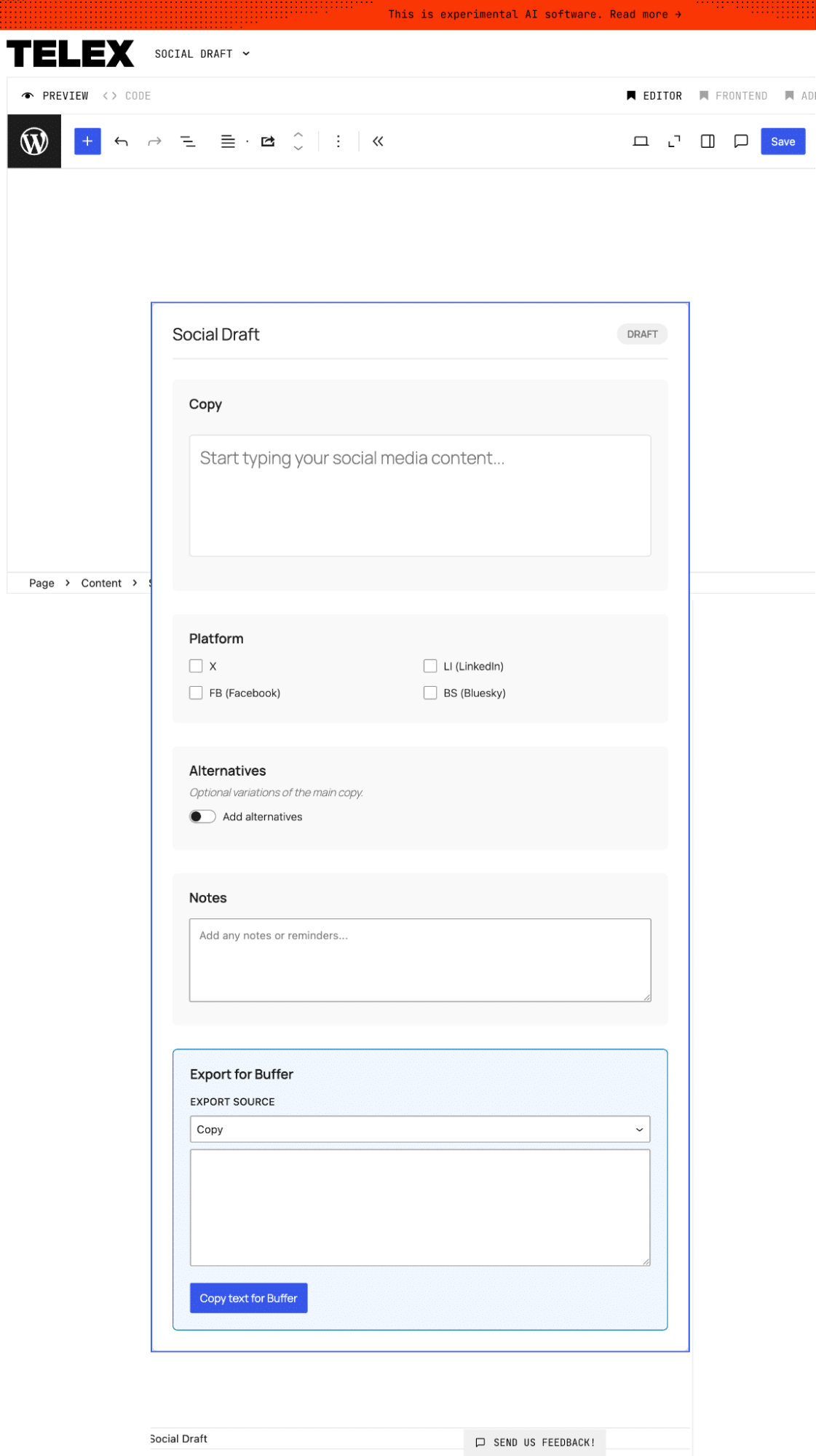 Social draft block showing a generated social media post draft.
