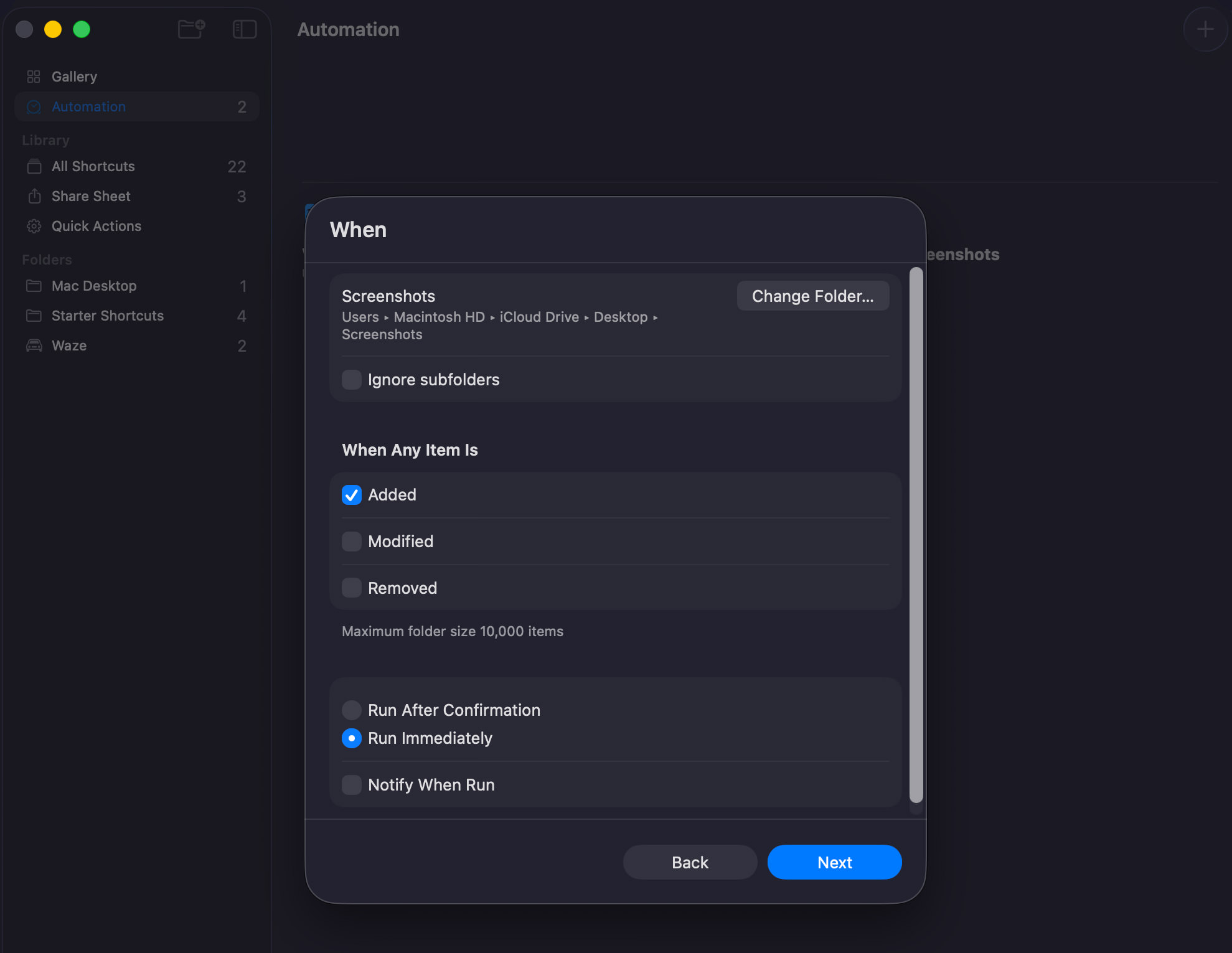 Mac Shortcuts automation folder trigger settings