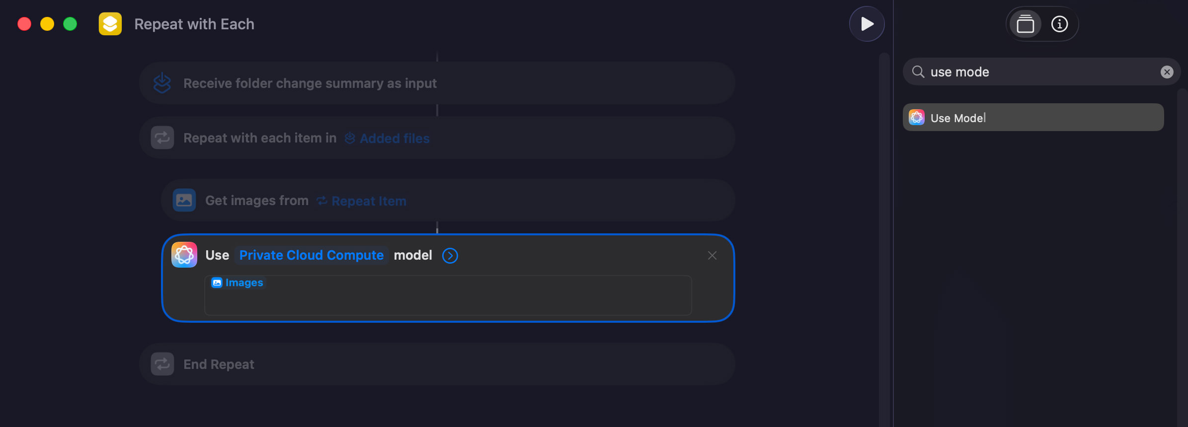 Adding Apple Intelligence Use Model action in Mac Shortcuts