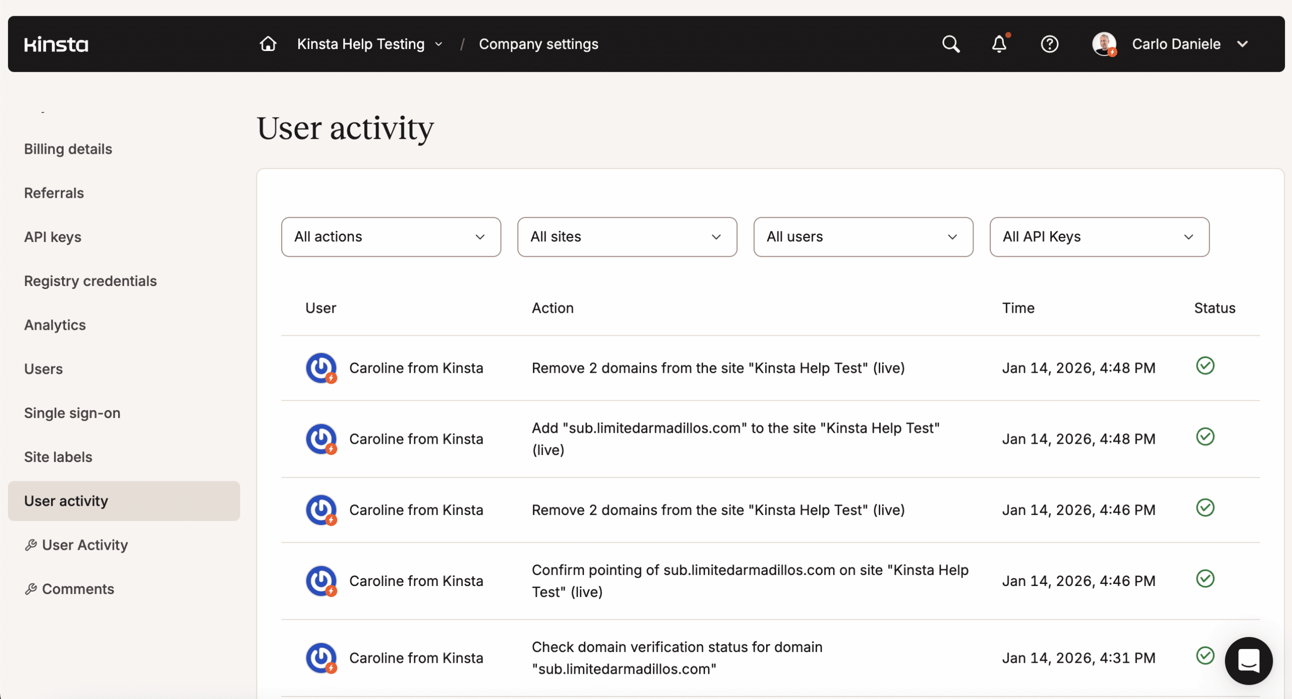 User activity in MyKinsta
