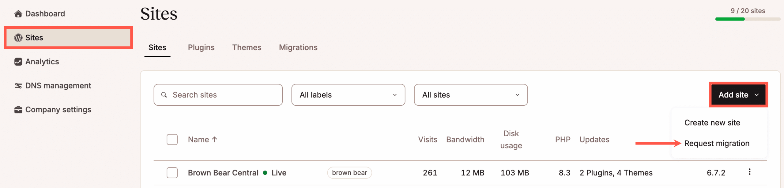 A screenshot of the site migration queue in MyKinsta.