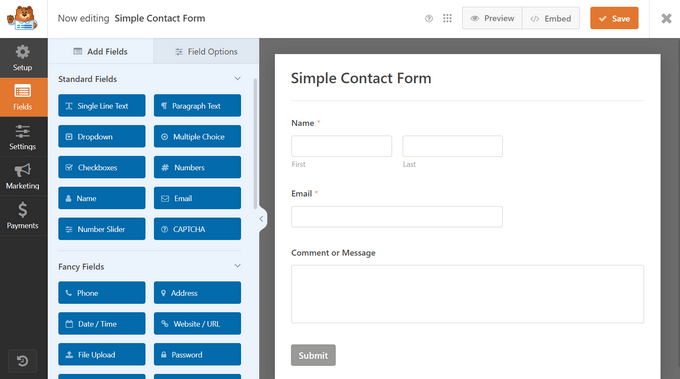 An example of a contact form, created using WPForms