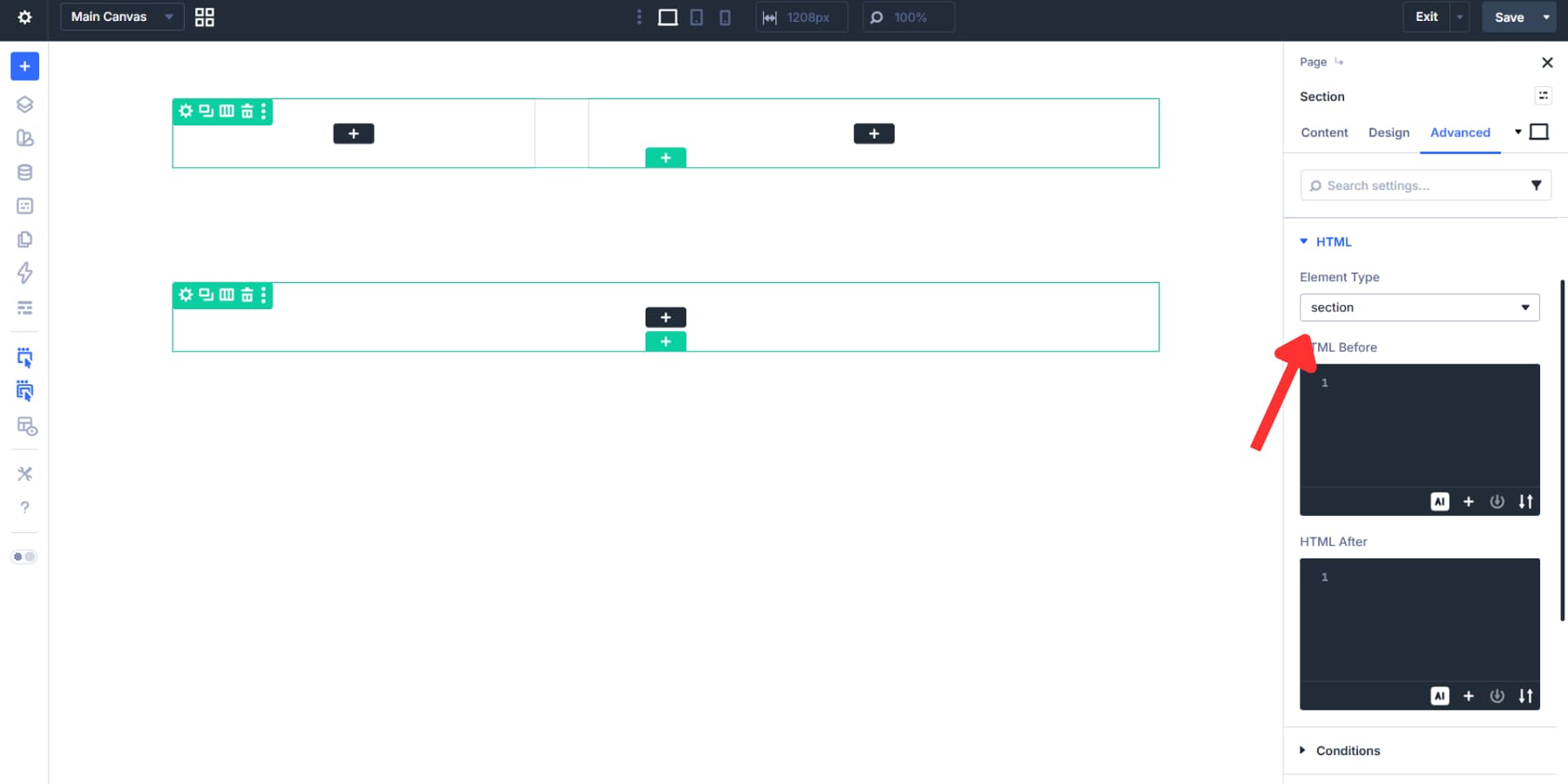 A screenshot of adding the section element type to the second section