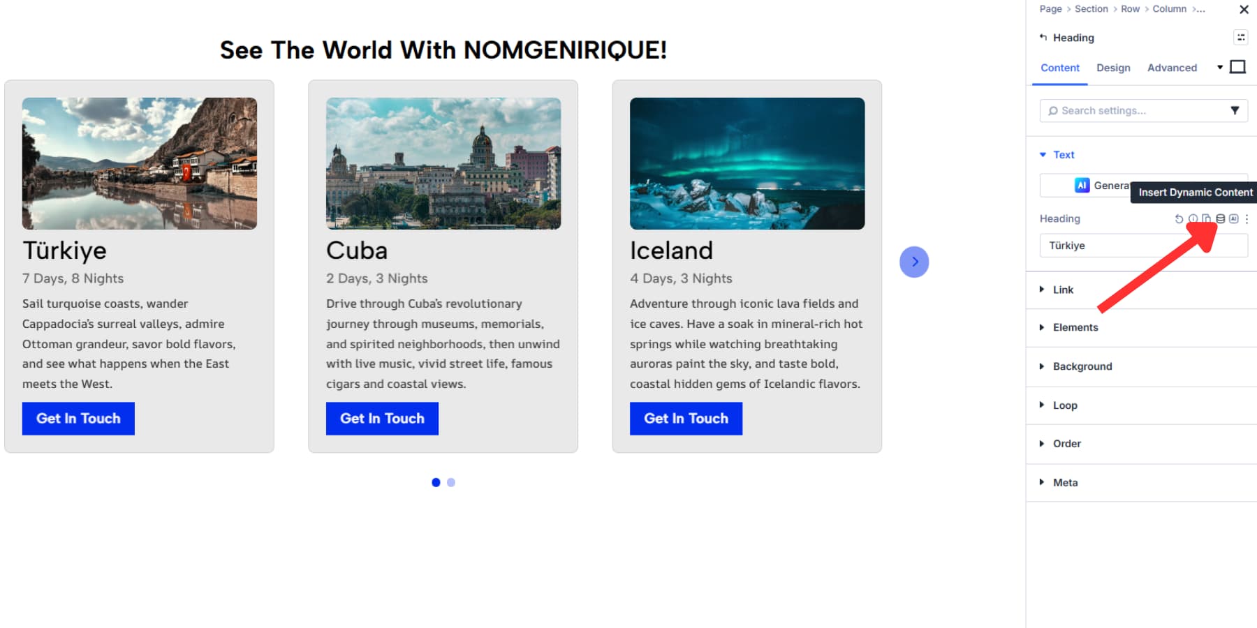A screenshot of where to find dynamic content option in Divi 5
