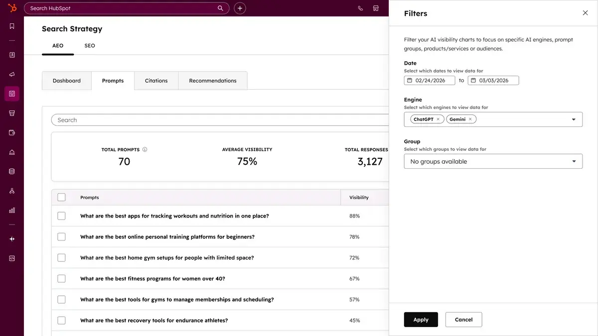 hubspot aeo tool filters