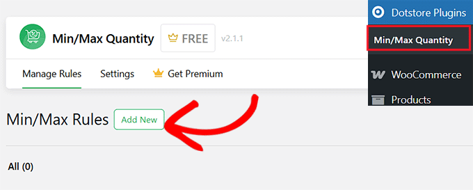 Click the Add New button in the Minimum and Maximum Quantity for WooCommerce plugin