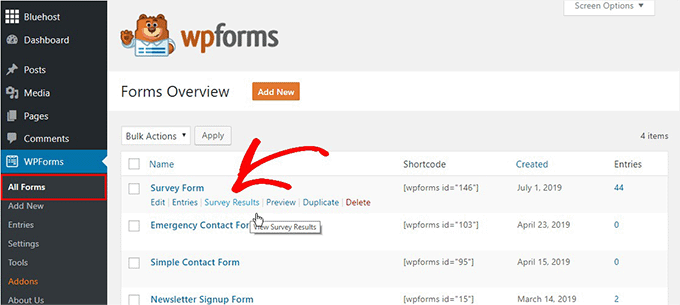 Click Survey Results link in WPForms