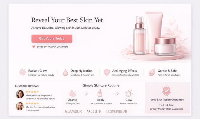 Example of a landing page created for WooCommerce sales funnel