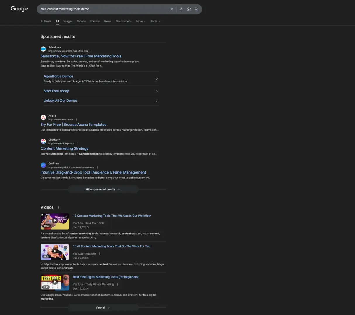 no zero click search results for conversion-focused “free content marketing tools demo” query