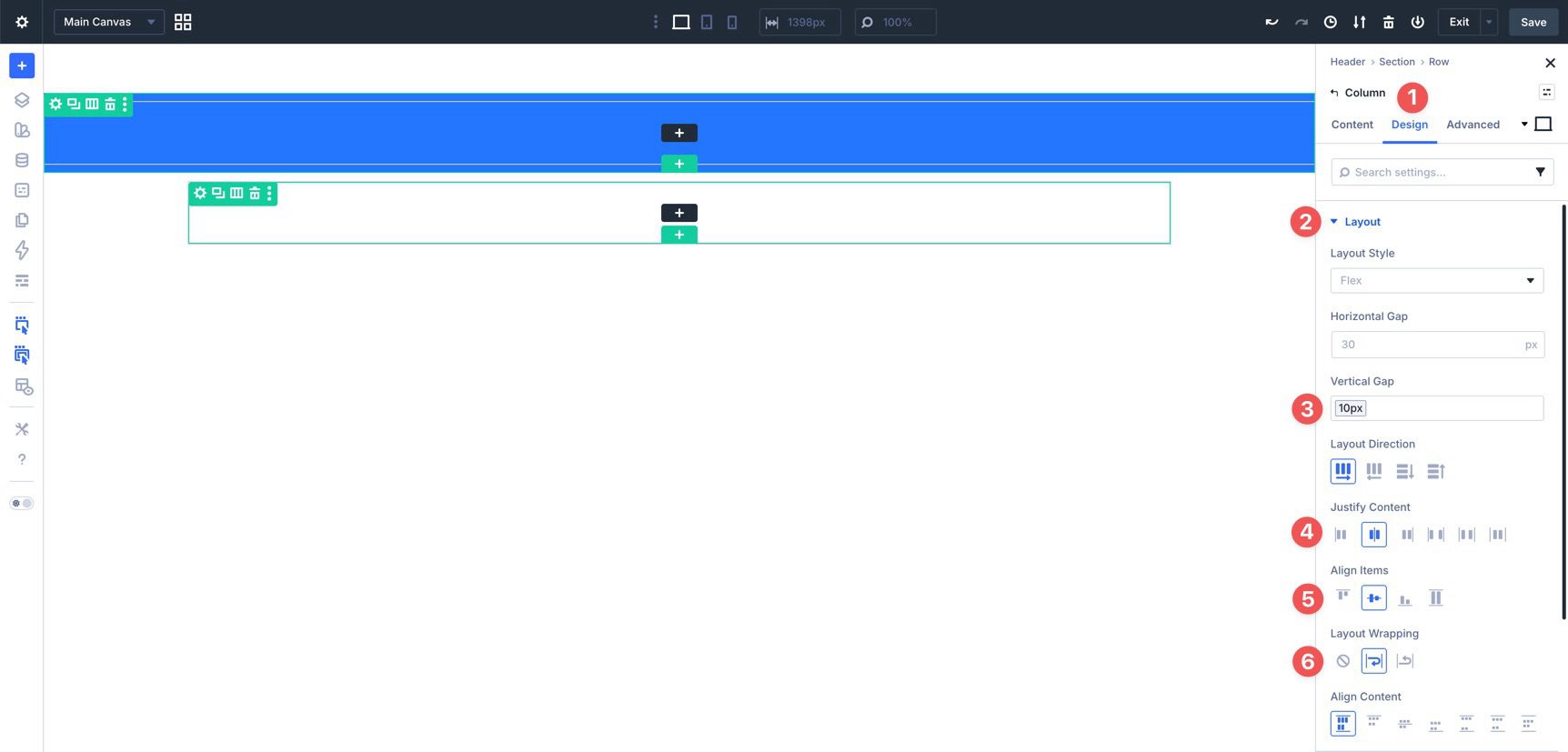 Second Row Column layout settings in Divi 5