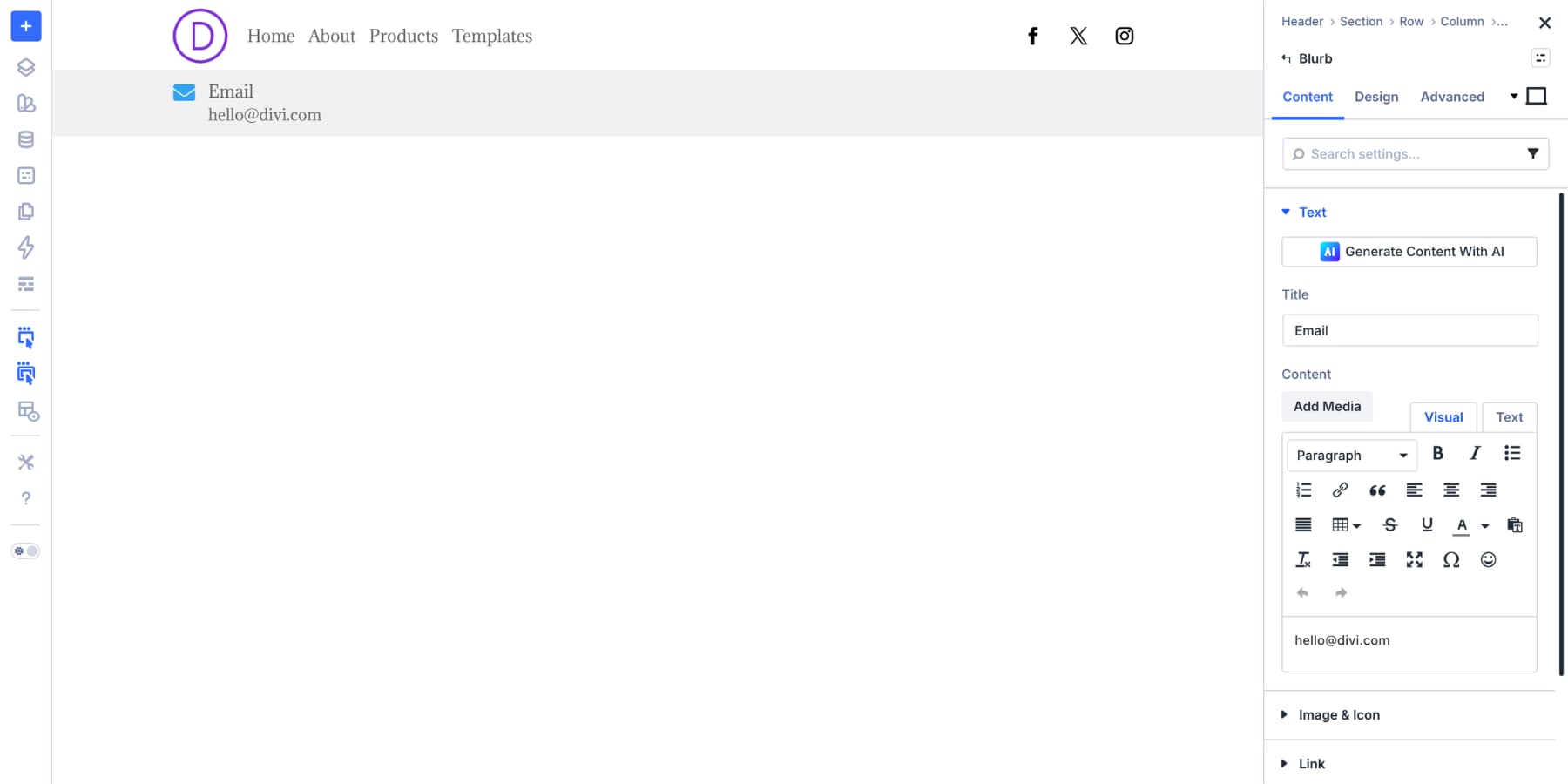 Adding an email Blurb module to a Divi 5 header