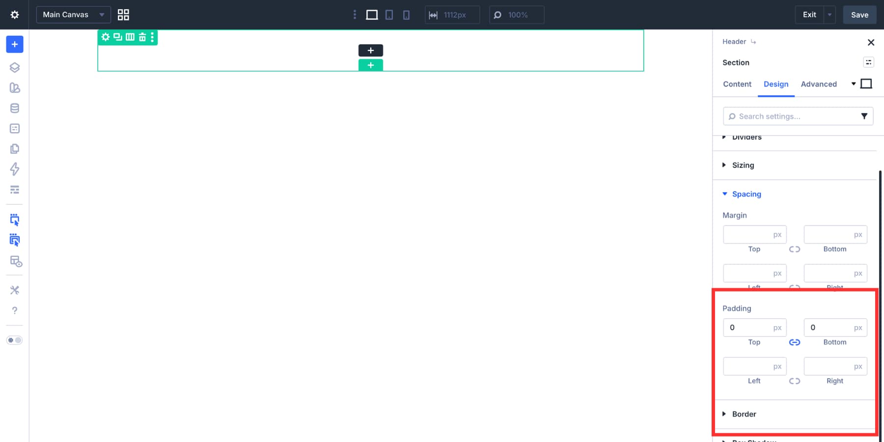 Adding zero top and bottom padding to a Divi 5 header section
