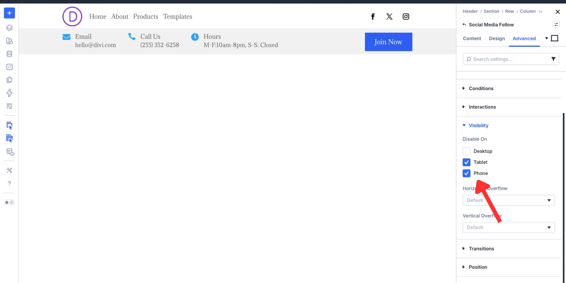 Hiding desktop navigation and social modules on the mobile breakpoint in Divi 5