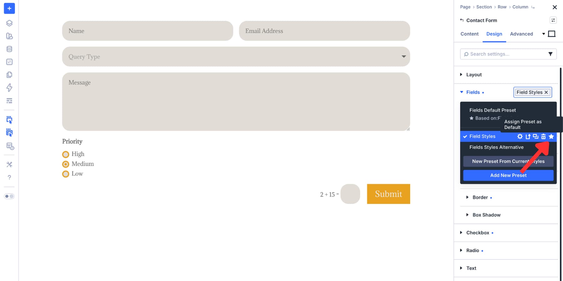 A screenshot of setting an Option Group Preset as the default in Divi 5