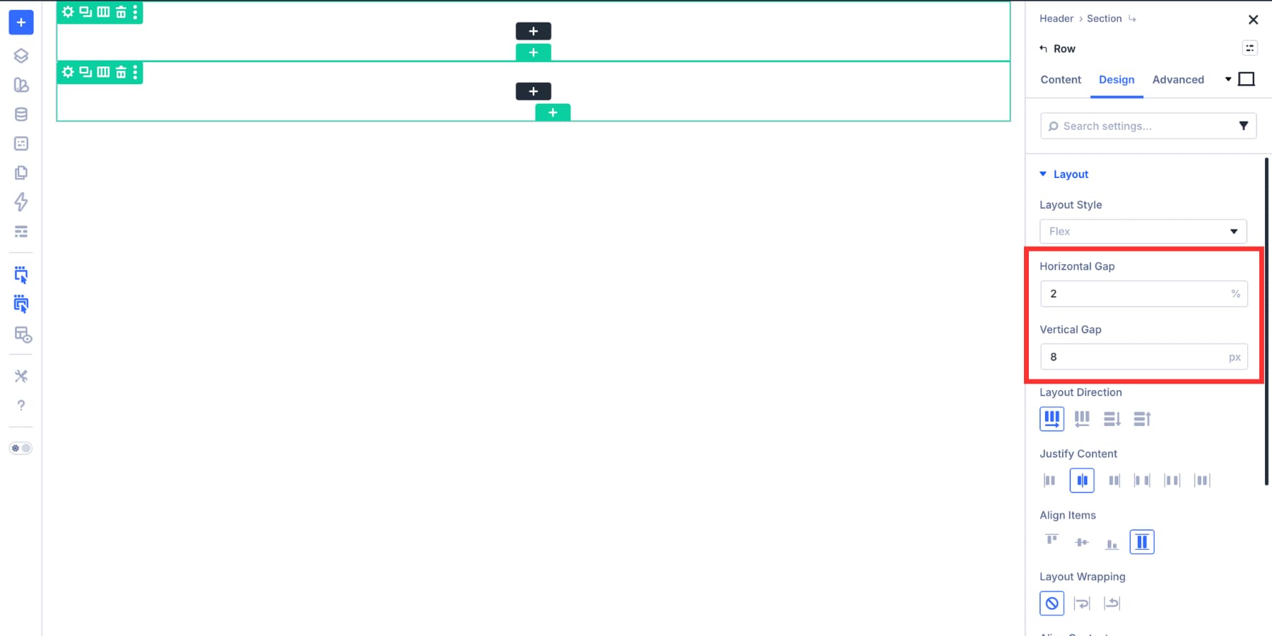 Setting horizontal and vertical gaps on a nested row in Divi 5