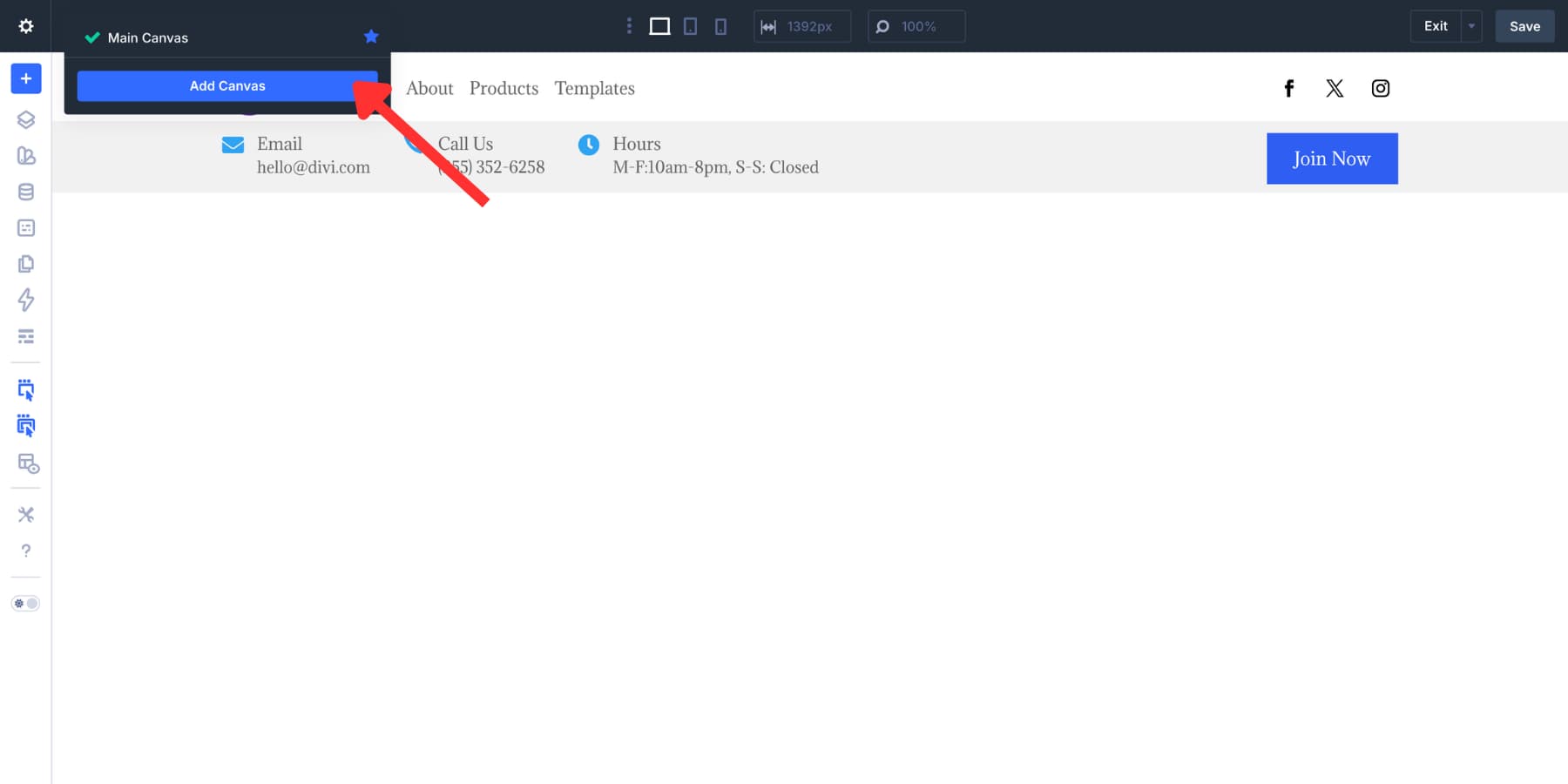 Opening the Canvas dropdown in Divi 5