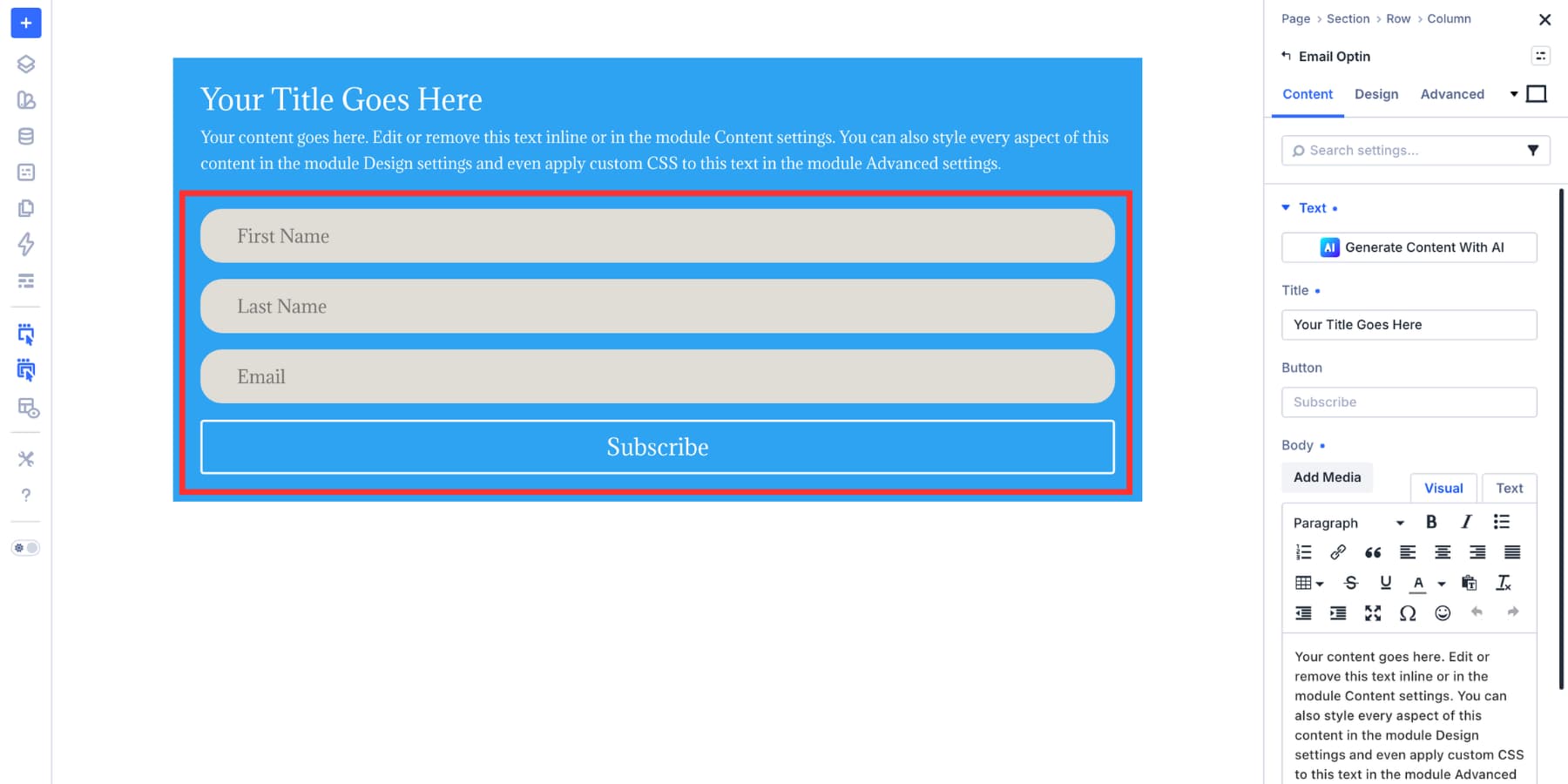 A screenshot of default form field styles applied to the Email Optin module in Divi 5