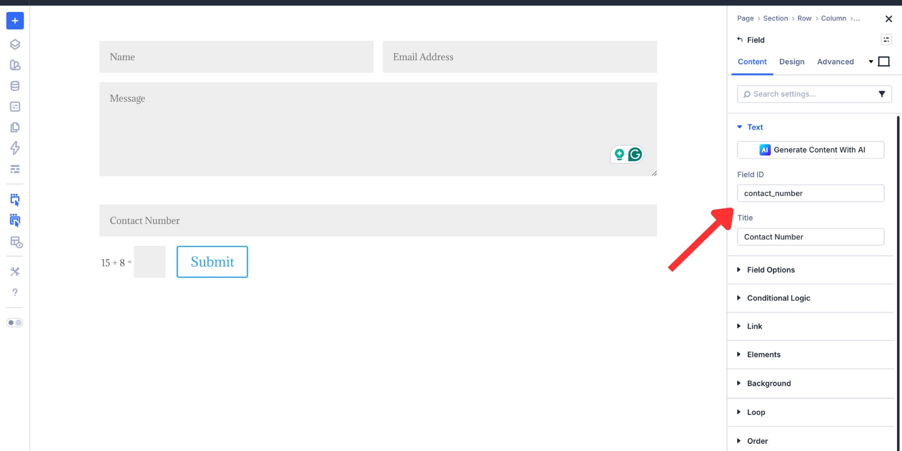 A screenshot of the Field ID and Title options in Divi 5
