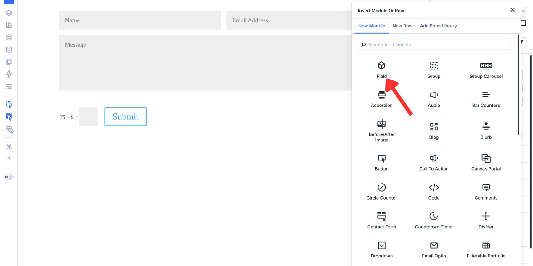 A screenshot of the Field option in the Divi 5 Contact Form module